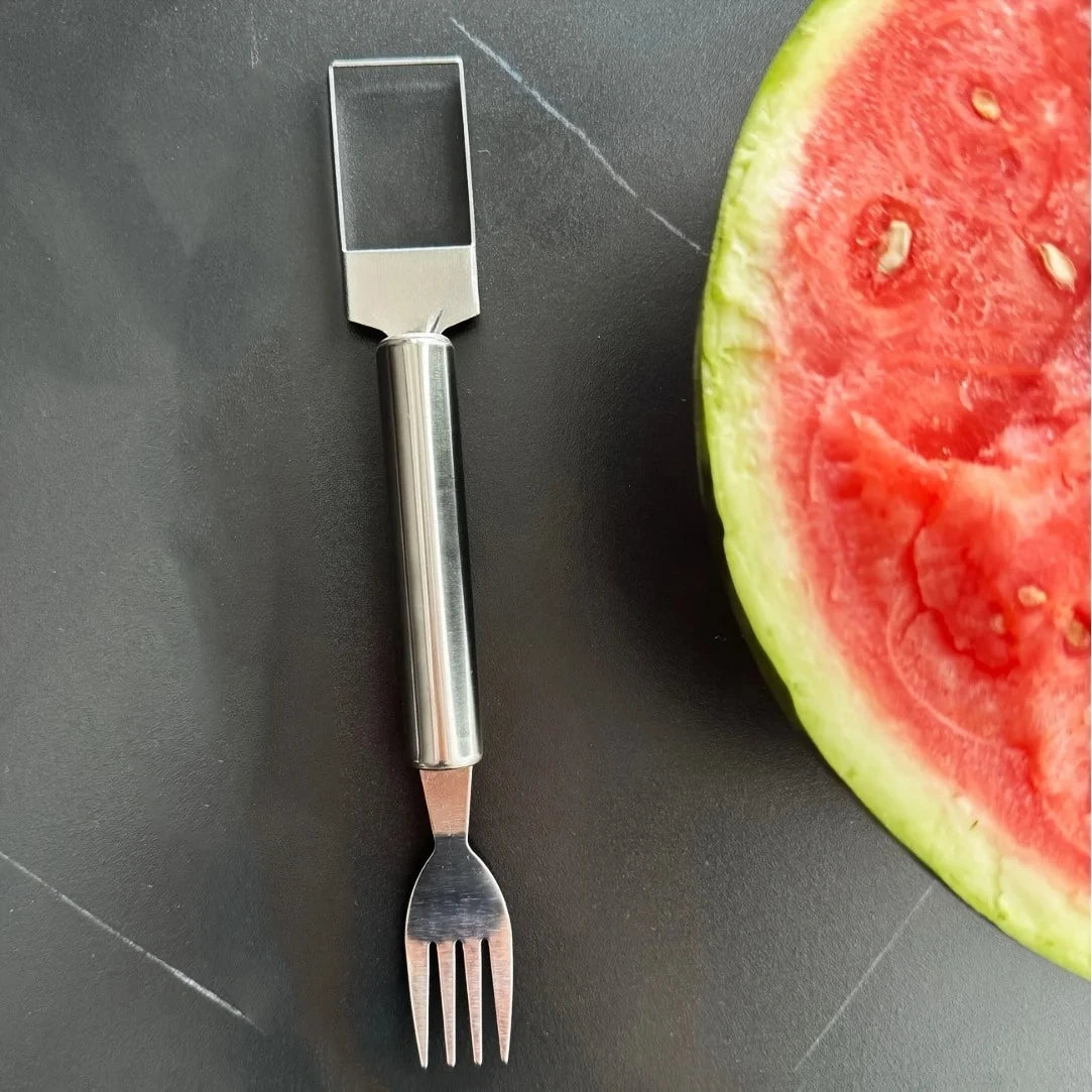 2-In-1 Stainless Steel Fruit Cutter Dual Head Watermelon Fork Cutter Slicer Tool for Home Kitchen Gadget Melon Cube Cutter