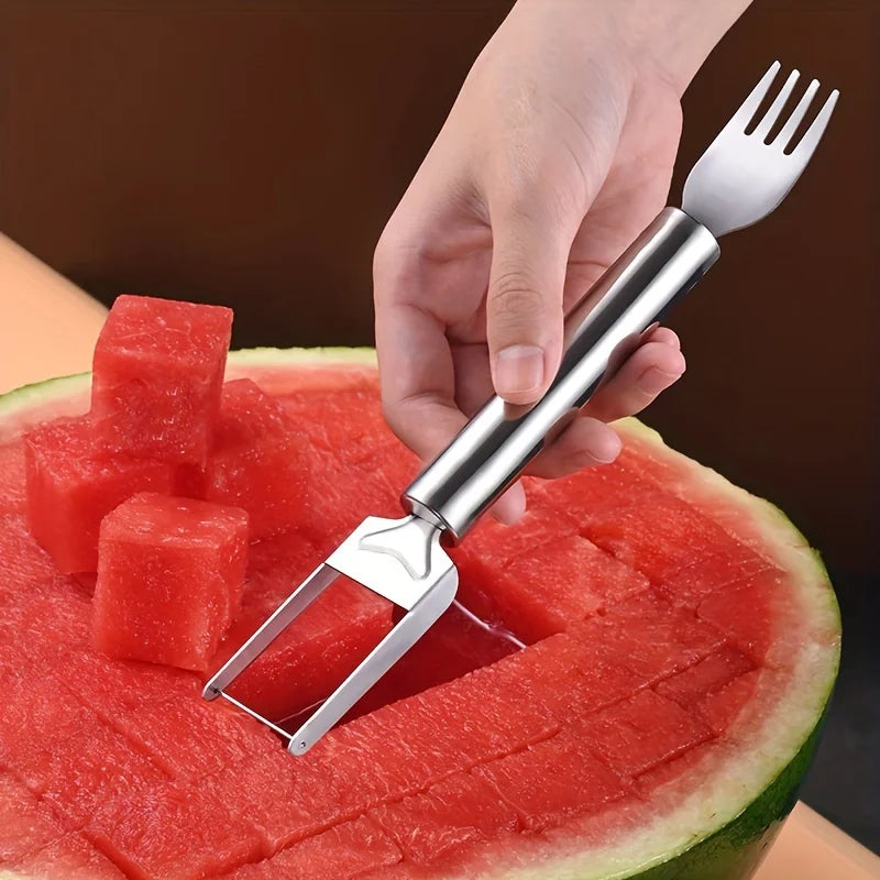2-In-1 Stainless Steel Fruit Cutter Dual Head Watermelon Fork Cutter Slicer Tool for Home Kitchen Gadget Melon Cube Cutter