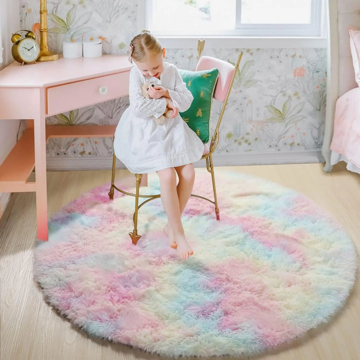 100/120/140/160 round Rug Fluffy Soft Area Rugs for Kids Girls Room Princess Castle Plush Shag Carpet Cute Circle Bedroom Decor