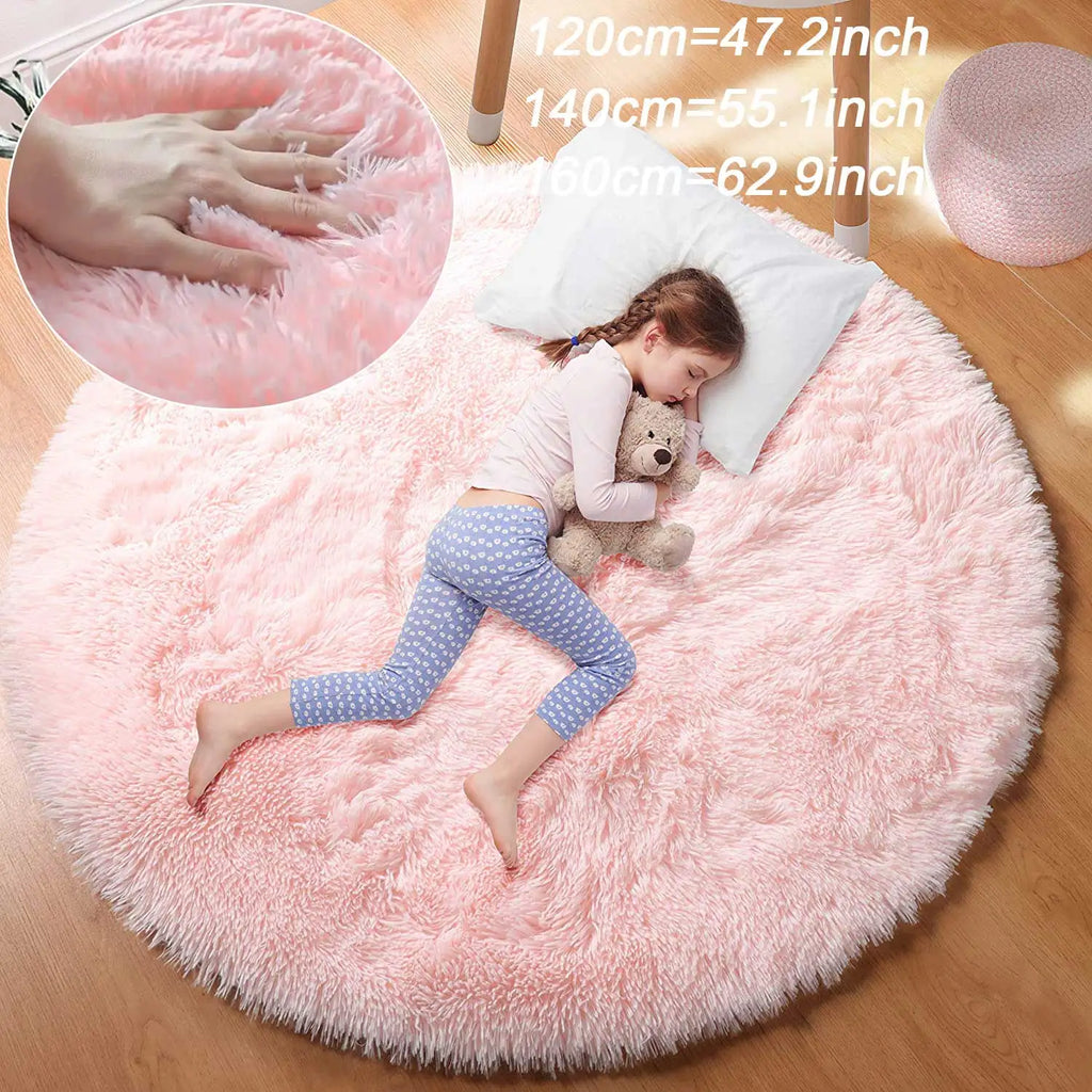 100/120/140/160 round Rug Fluffy Soft Area Rugs for Kids Girls Room Princess Castle Plush Shag Carpet Cute Circle Bedroom Decor