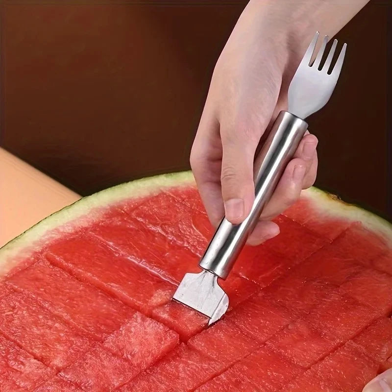 2-In-1 Stainless Steel Fruit Cutter Dual Head Watermelon Fork Cutter Slicer Tool for Home Kitchen Gadget Melon Cube Cutter